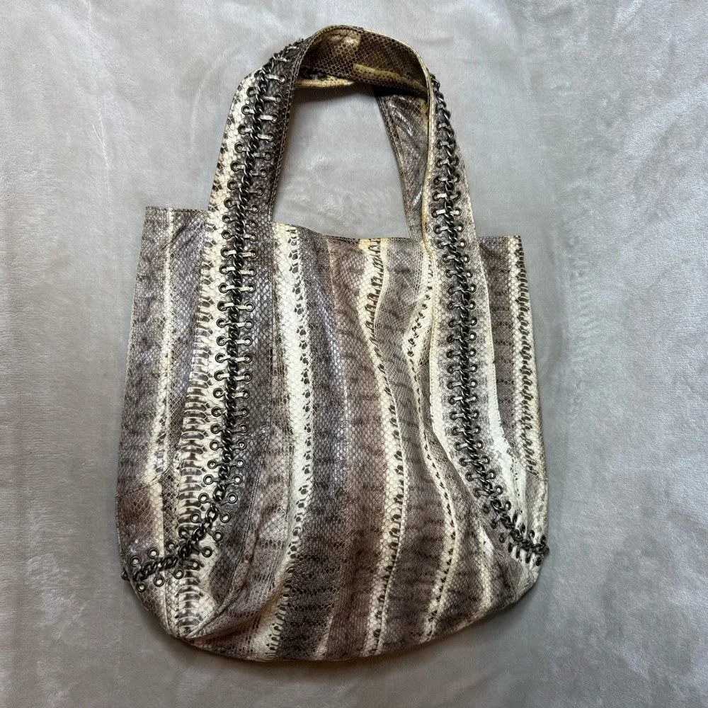 Beirn Snakeskin Double Handle Hobo Tote Bag Neutral Cream‎ with chain